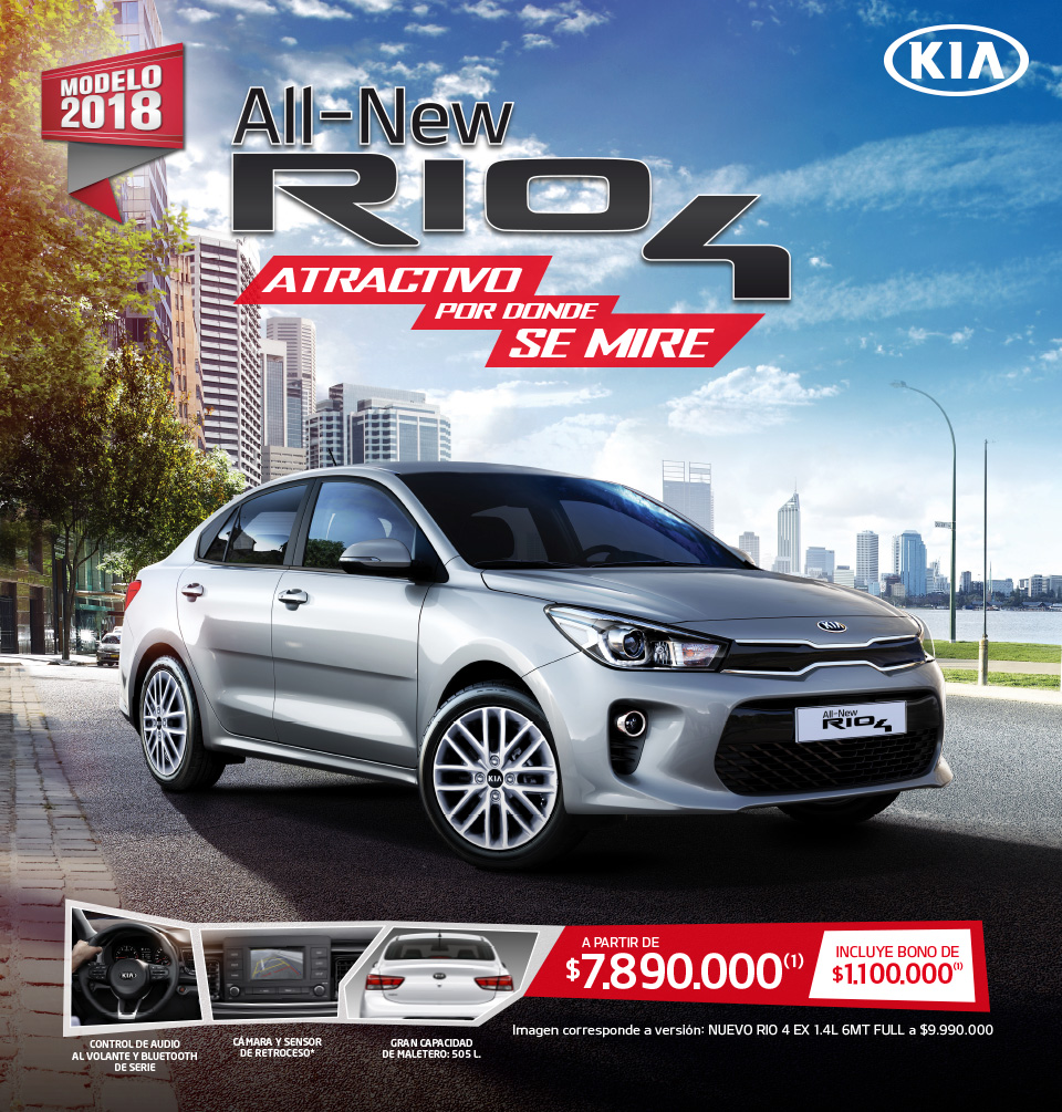 Kia - all new Rio5 - sigue tu Ritmo - a partir de $8.590.000(1) incluye bono de lanzamiento de $700.000(1) - imagen corresponde a versión 1.6L 6MT Sport a $12.290.000