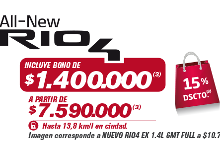 All new rio4 - incluye bono de $1.400.000(3) - a partir de $ 7.590.000(3)