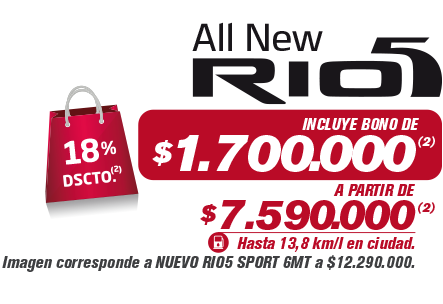 All New Rio5 - incluye bono de $1.700.000 (2) - a partir de $7.590.000(2)