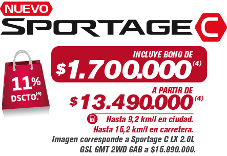 NUEVO SPORTAGE C - INCLUYE BONO DE $1.700.000(4) - A PARTIR DE $13.490.000(4